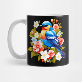 Cute Blue Bird Surrounded by Bold Vibrant Spring Flowers Mug