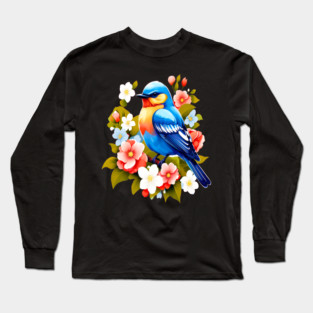 Cute Blue Bird Surrounded by Bold Vibrant Spring Flowers Long Sleeve T-Shirt