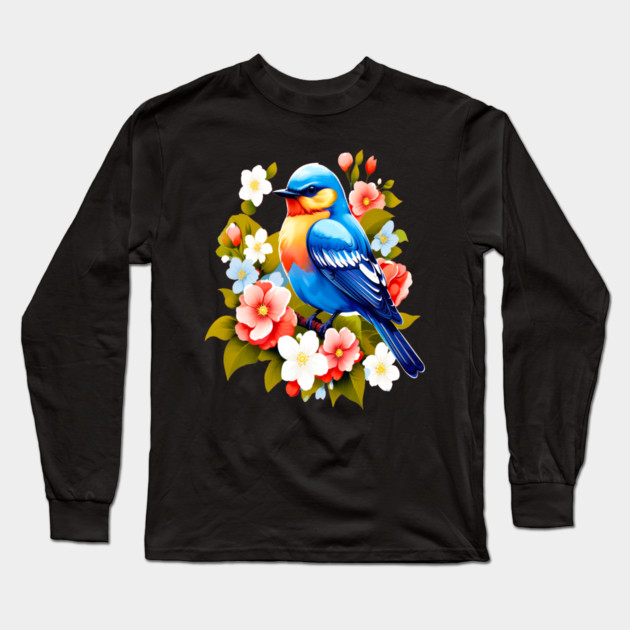 Cute Blue Bird Surrounded by Bold Vibrant Spring Flowers Long Sleeve T-Shirt by BirdsnStuff