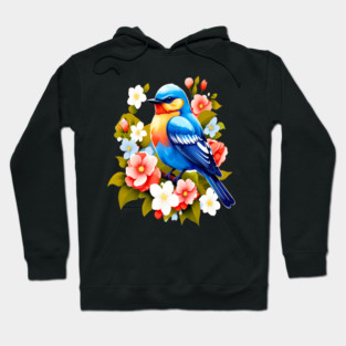 Cute Blue Bird Surrounded by Bold Vibrant Spring Flowers Hoodie