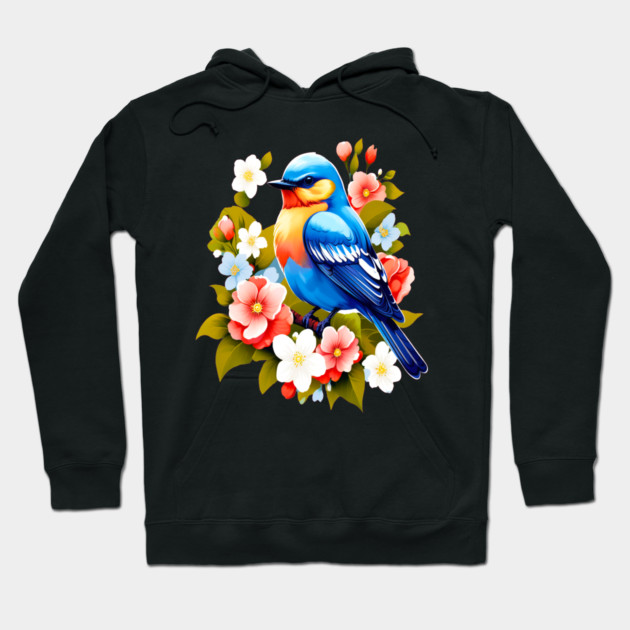 Cute Blue Bird Surrounded by Bold Vibrant Spring Flowers Hoodie by BirdsnStuff