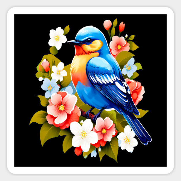 Cute Blue Bird Surrounded by Bold Vibrant Spring Flowers Magnet by BirdsnStuff