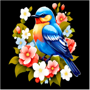Cute Blue Bird Surrounded by Bold Vibrant Spring Flowers Posters and Art