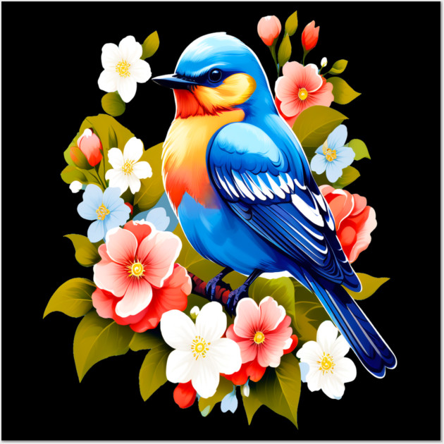 Cute Blue Bird Surrounded by Bold Vibrant Spring Flowers Wall Art by BirdsnStuff