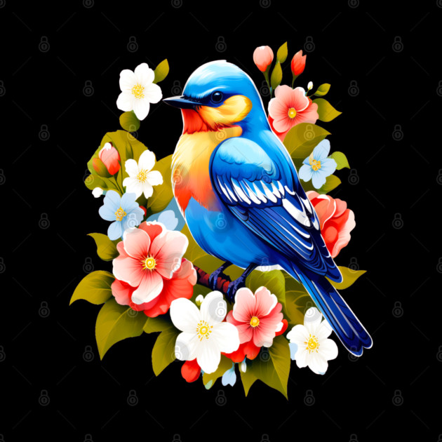 Cute Blue Bird Surrounded by Bold Vibrant Spring Flowers by BirdsnStuff