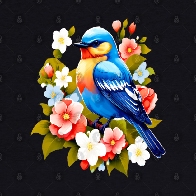 Cute Blue Bird Surrounded by Bold Vibrant Spring Flowers by BirdsnStuff
