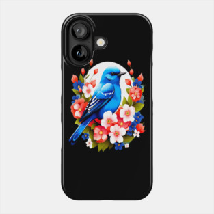 Cute Blue Bird Surrounded by Bold Vibrant Spring Flowers Phone Case