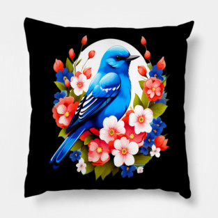 Cute Blue Bird Surrounded by Bold Vibrant Spring Flowers Pillow