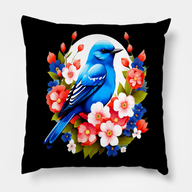 Cute Blue Bird Surrounded by Bold Vibrant Spring Flowers Pillow by BirdsnStuff