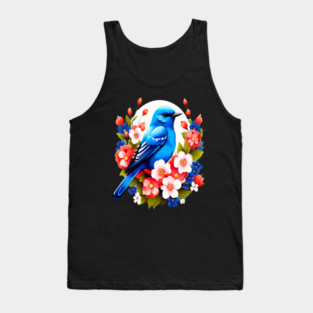 Cute Blue Bird Surrounded by Bold Vibrant Spring Flowers Tank Top