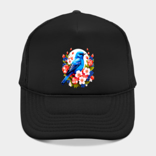 Cute Blue Bird Surrounded by Bold Vibrant Spring Flowers Hat