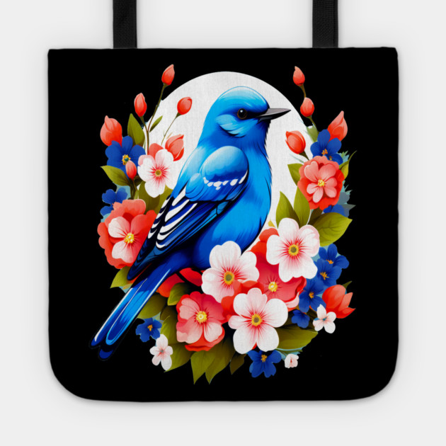 Cute Blue Bird Surrounded by Bold Vibrant Spring Flowers Tote by BirdsnStuff