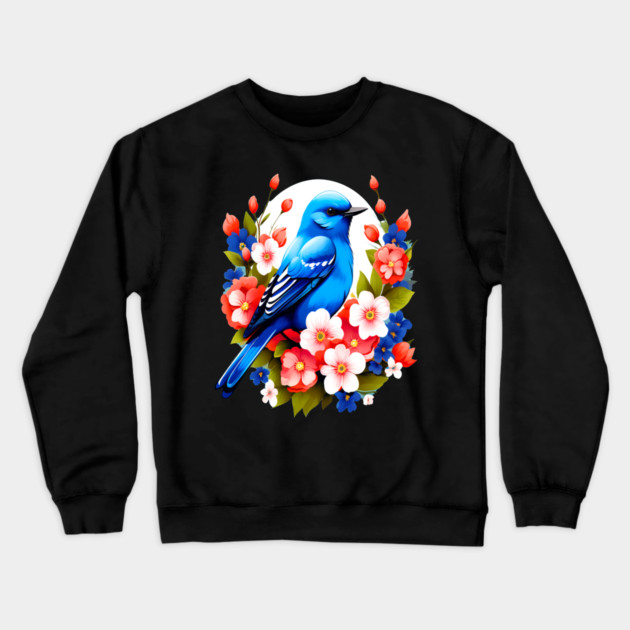 Cute Blue Bird Surrounded by Bold Vibrant Spring Flowers Crewneck Sweatshirt by BirdsnStuff