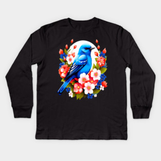 Cute Blue Bird Surrounded by Bold Vibrant Spring Flowers Kids Long Sleeve T-Shirt