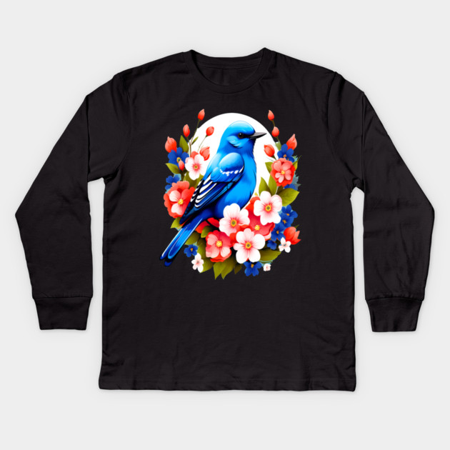 Cute Blue Bird Surrounded by Bold Vibrant Spring Flowers Kids Long Sleeve T-Shirt by BirdsnStuff