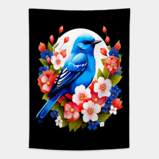 Cute Blue Bird Surrounded by Bold Vibrant Spring Flowers Tapestry
