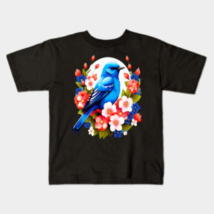 Cute Blue Bird Surrounded by Bold Vibrant Spring Flowers Kids T-Shirt