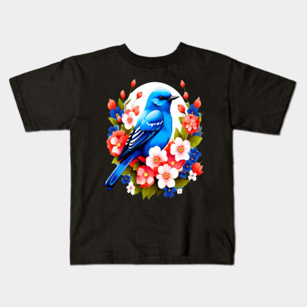 Cute Blue Bird Surrounded by Bold Vibrant Spring Flowers Kids T-Shirt by BirdsnStuff