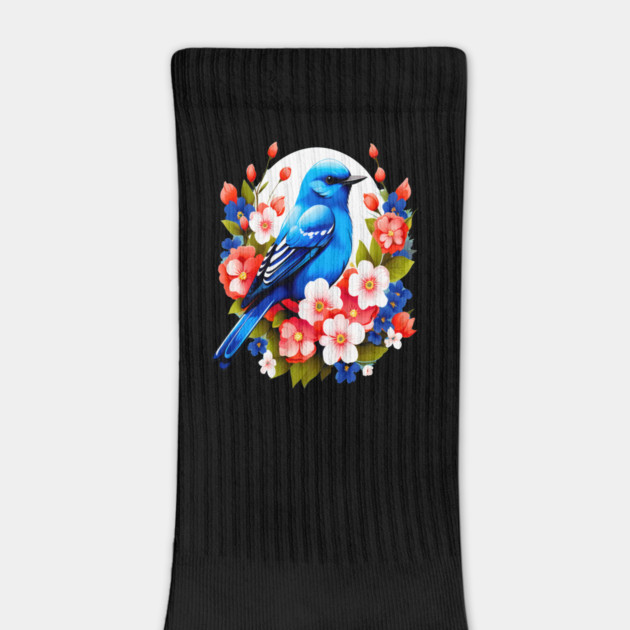 Cute Blue Bird Surrounded by Bold Vibrant Spring Flowers by BirdsnStuff