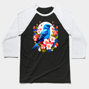 Cute Blue Bird Surrounded by Bold Vibrant Spring Flowers Baseball T-Shirt