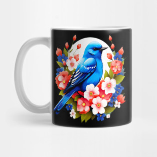 Cute Blue Bird Surrounded by Bold Vibrant Spring Flowers Mug