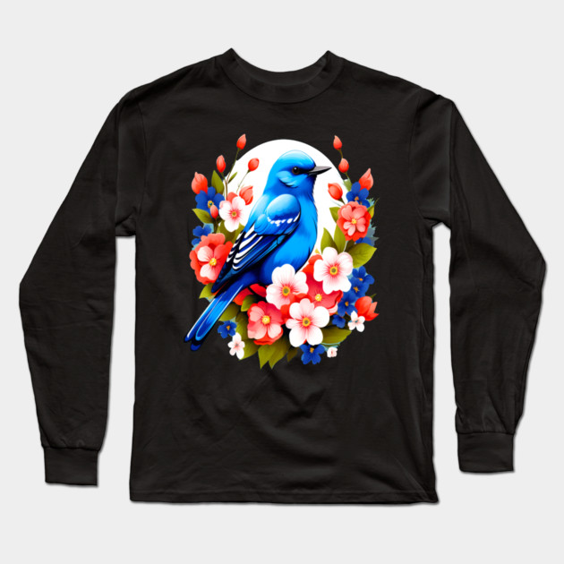 Cute Blue Bird Surrounded by Bold Vibrant Spring Flowers Long Sleeve T-Shirt by BirdsnStuff