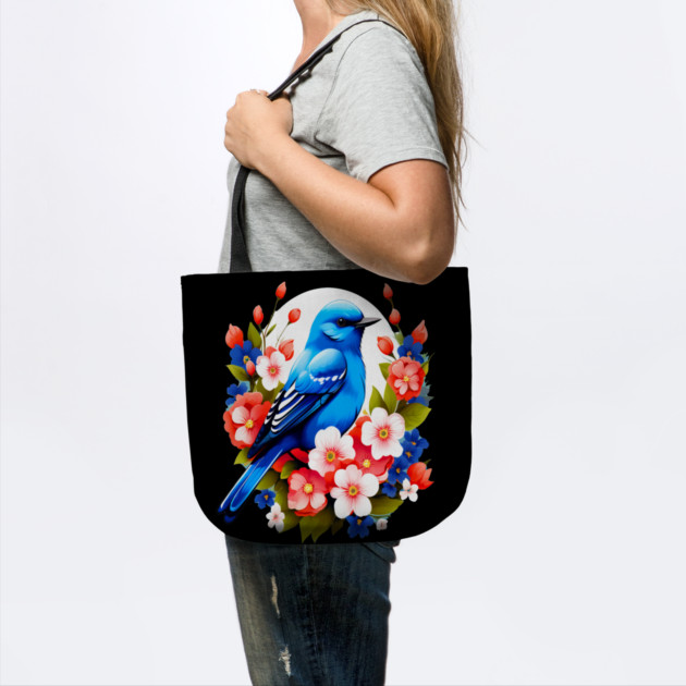 Cute Blue Bird Surrounded by Bold Vibrant Spring Flowers by BirdsnStuff