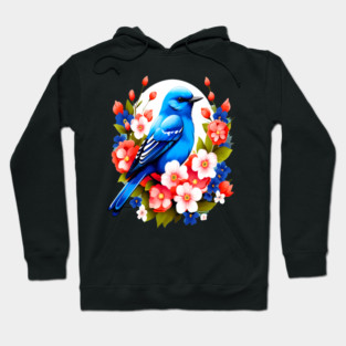 Cute Blue Bird Surrounded by Bold Vibrant Spring Flowers Hoodie