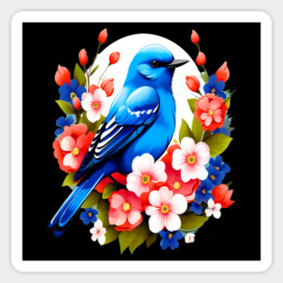 Cute Blue Bird Surrounded by Bold Vibrant Spring Flowers Magnet