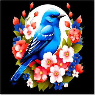 Cute Blue Bird Surrounded by Bold Vibrant Spring Flowers Posters and Art