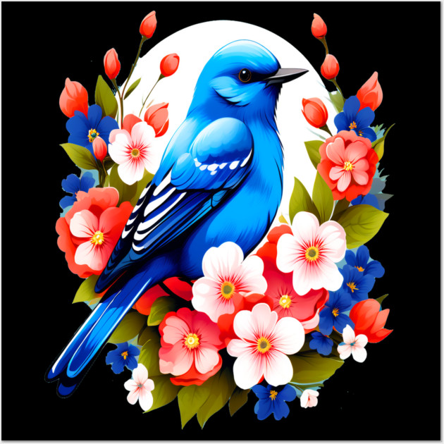 Cute Blue Bird Surrounded by Bold Vibrant Spring Flowers Wall Art by BirdsnStuff