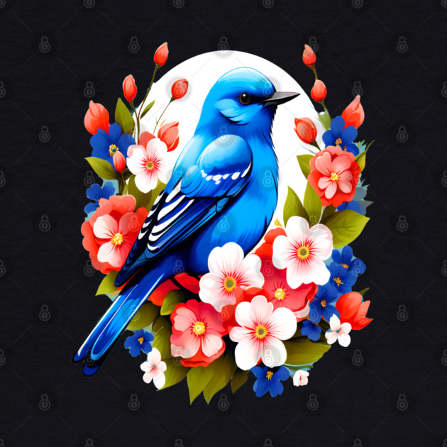Cute Blue Bird Surrounded by Bold Vibrant Spring Flowers by BirdsnStuff