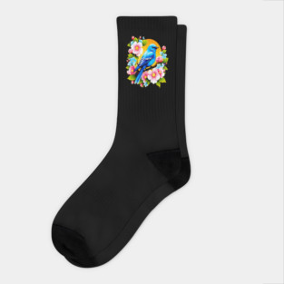 Cute Blue Bird Surrounded by Bold Vibrant Spring Flowers Socks