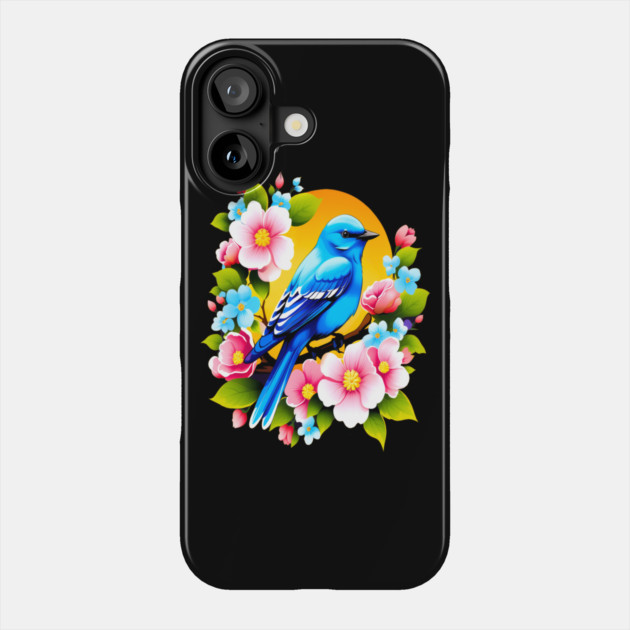 Cute Blue Bird Surrounded by Bold Vibrant Spring Flowers Phone Case by BirdsnStuff