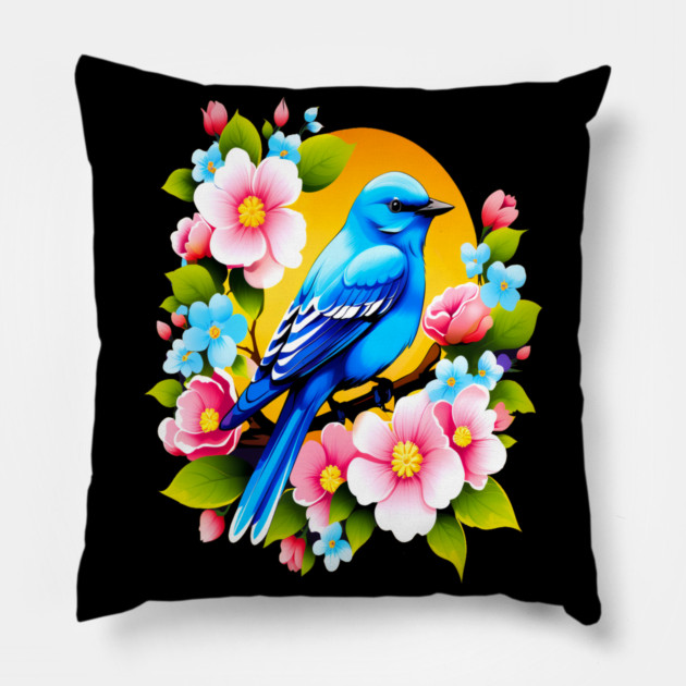 Cute Blue Bird Surrounded by Bold Vibrant Spring Flowers Pillow by BirdsnStuff