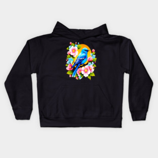 Cute Blue Bird Surrounded by Bold Vibrant Spring Flowers Kids Hoodie