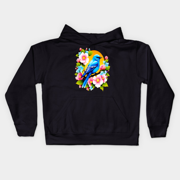 Cute Blue Bird Surrounded by Bold Vibrant Spring Flowers Kids Hoodie by BirdsnStuff