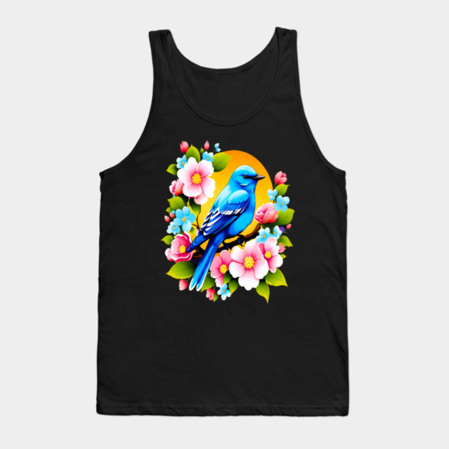 Cute Blue Bird Surrounded by Bold Vibrant Spring Flowers Tank Top by BirdsnStuff