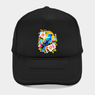 Cute Blue Bird Surrounded by Bold Vibrant Spring Flowers Hat
