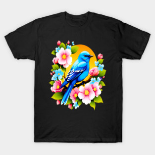 Cute Blue Bird Surrounded by Bold Vibrant Spring Flowers T-Shirt