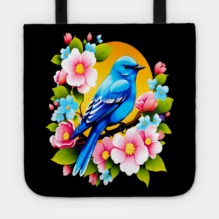 Cute Blue Bird Surrounded by Bold Vibrant Spring Flowers Tote