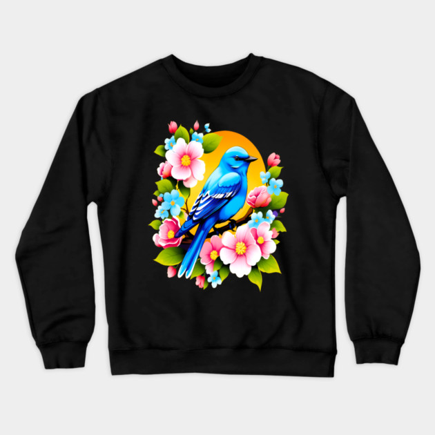 Cute Blue Bird Surrounded by Bold Vibrant Spring Flowers Crewneck Sweatshirt by BirdsnStuff