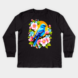 Cute Blue Bird Surrounded by Bold Vibrant Spring Flowers Kids Long Sleeve T-Shirt