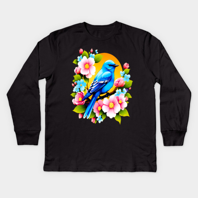 Cute Blue Bird Surrounded by Bold Vibrant Spring Flowers Kids Long Sleeve T-Shirt by BirdsnStuff