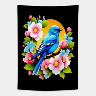 Cute Blue Bird Surrounded by Bold Vibrant Spring Flowers Tapestry