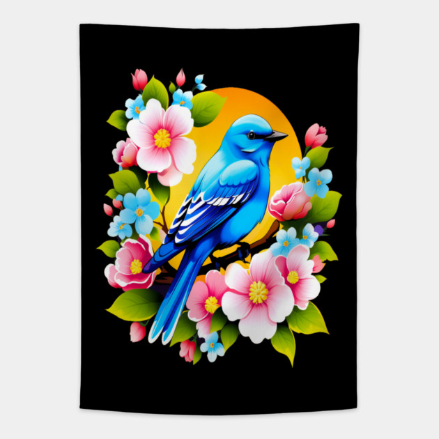 Cute Blue Bird Surrounded by Bold Vibrant Spring Flowers Tapestry by BirdsnStuff