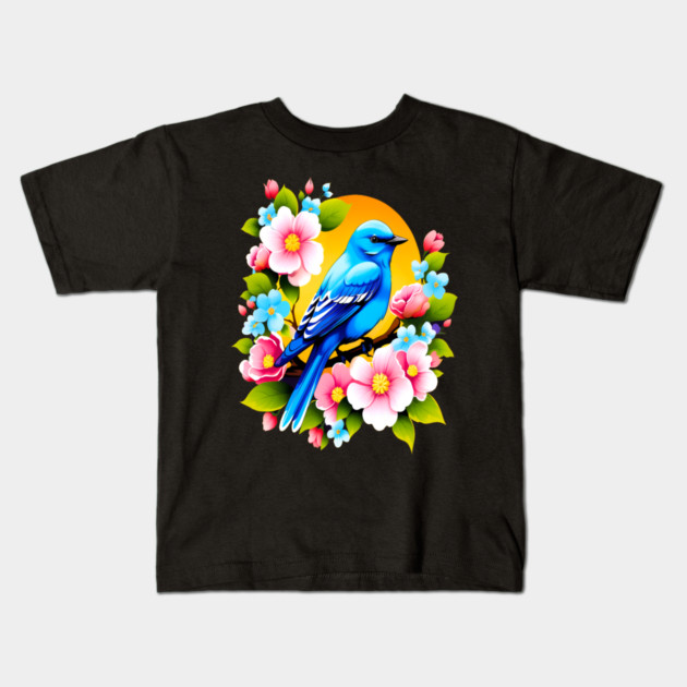 Cute Blue Bird Surrounded by Bold Vibrant Spring Flowers Kids T-Shirt by BirdsnStuff
