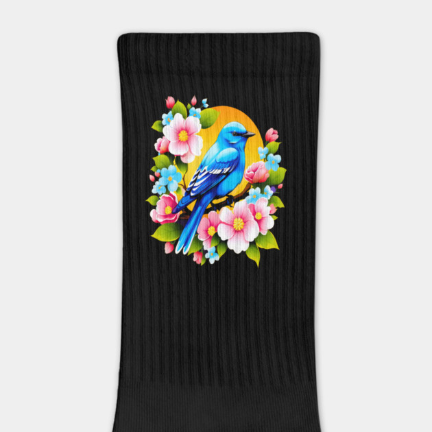 Cute Blue Bird Surrounded by Bold Vibrant Spring Flowers by BirdsnStuff