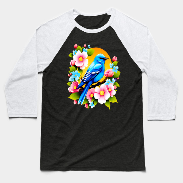 Cute Blue Bird Surrounded by Bold Vibrant Spring Flowers Baseball T-Shirt by BirdsnStuff