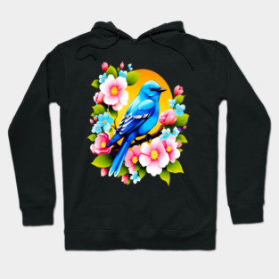 Cute Blue Bird Surrounded by Bold Vibrant Spring Flowers Hoodie
